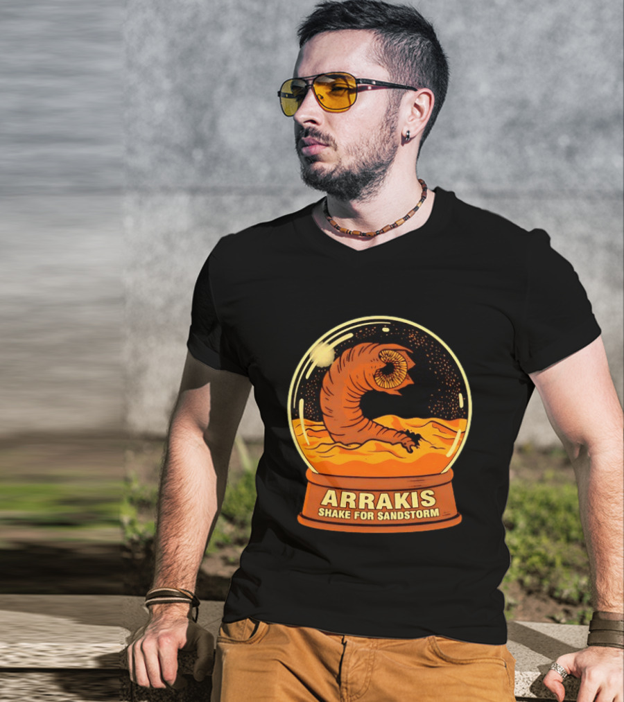 Arrakis Shake For Sandstorm Snow Globe Iconic Sandworm And Desert Scene T-Shirt