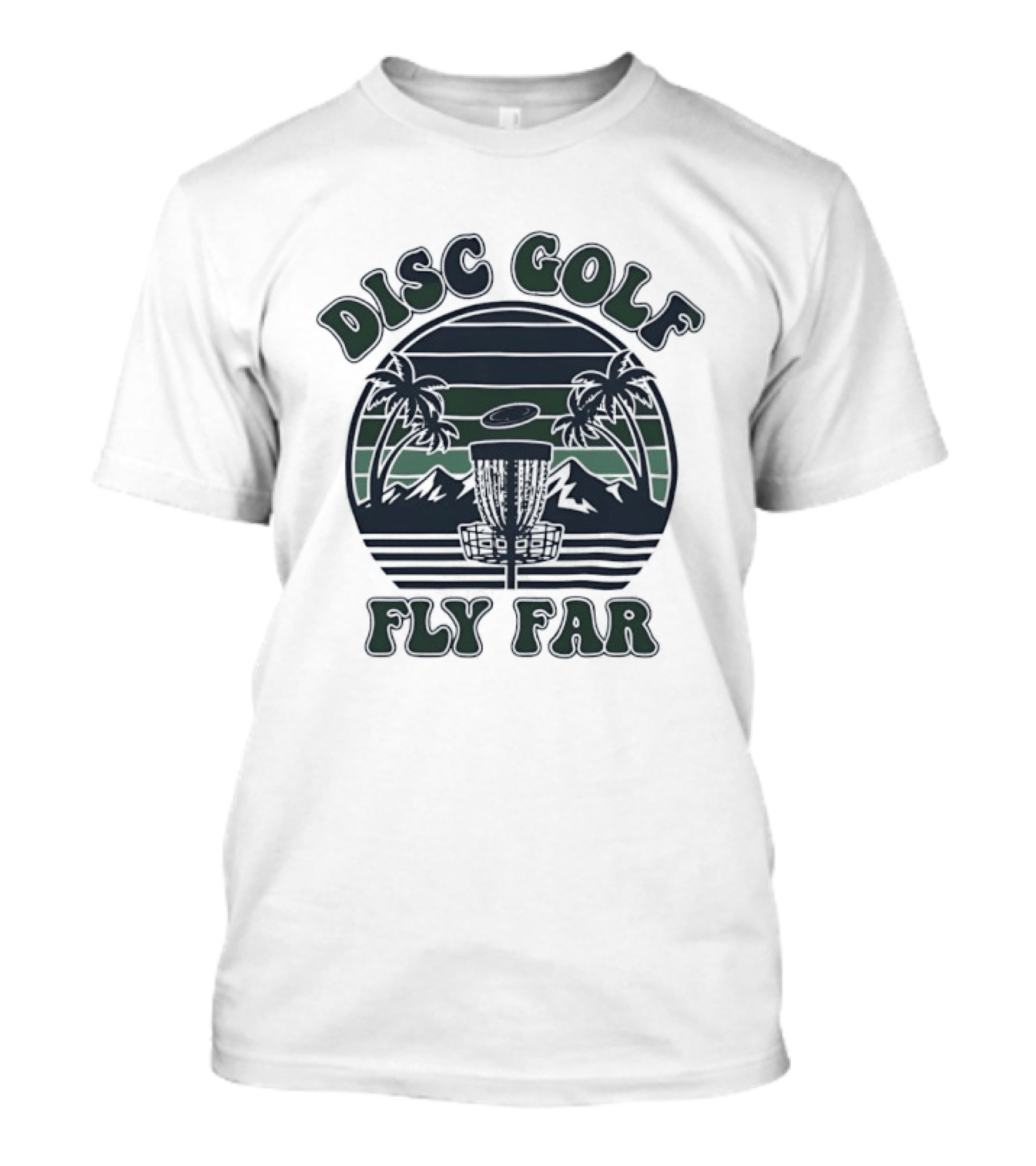 Disc Golf Fly Far Sunset Palm Trees Mountains T-Shirt