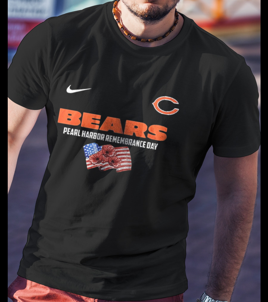 Nike Chicago Bears We Remember Pearl Harbor American Flag Poppies T-Shirt