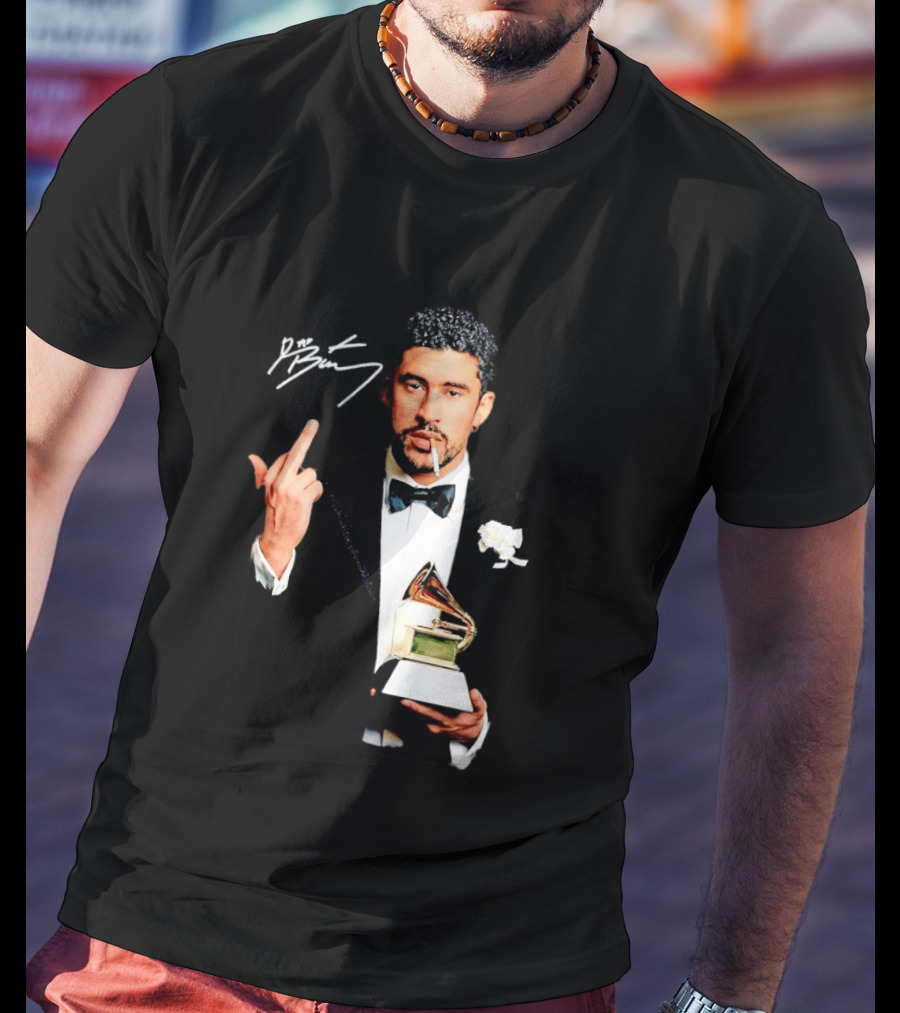 Bad Bunny Smoking Middle Finger Holding Grammy 2026 T-Shirt