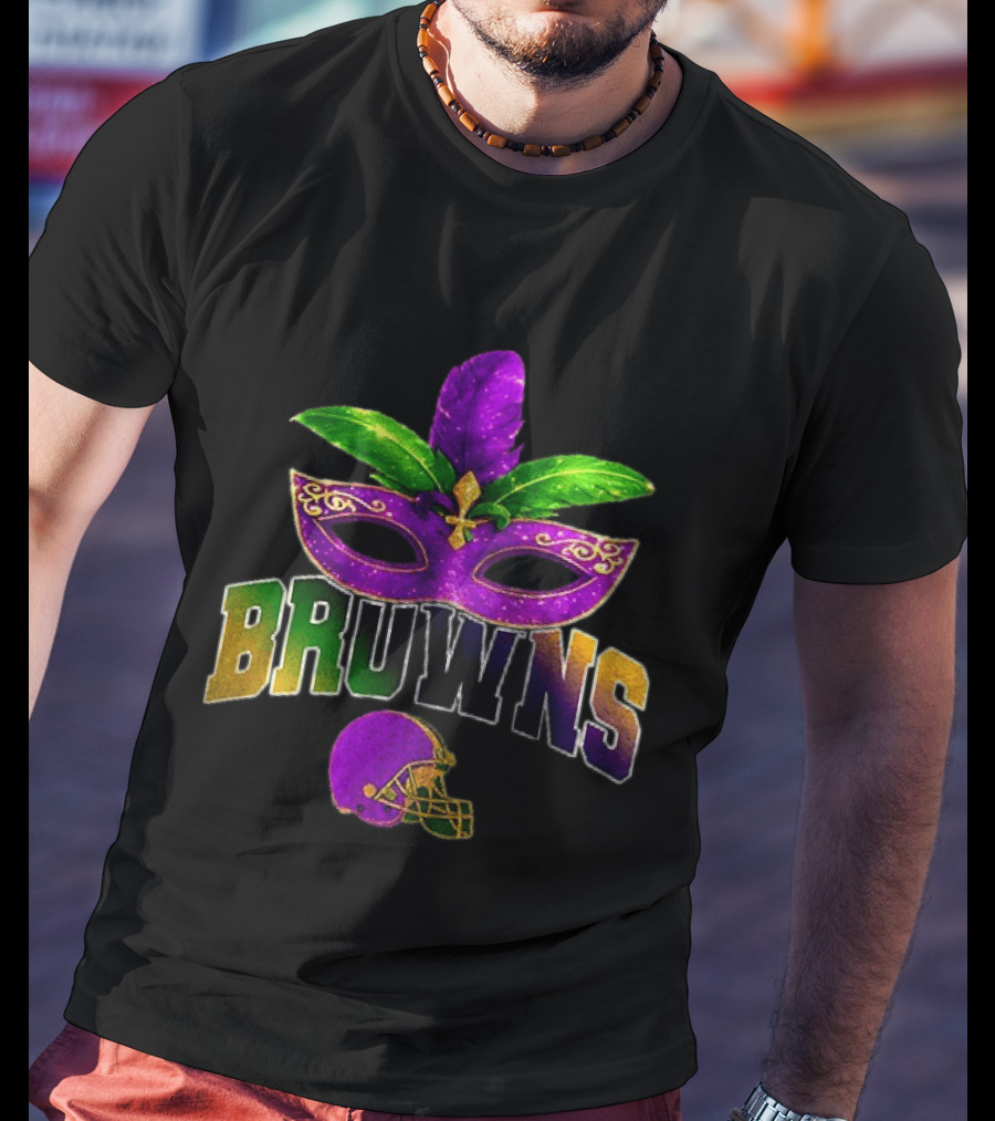 Cleveland Browns Mardi Gras Mask Feathers Football T-Shirt