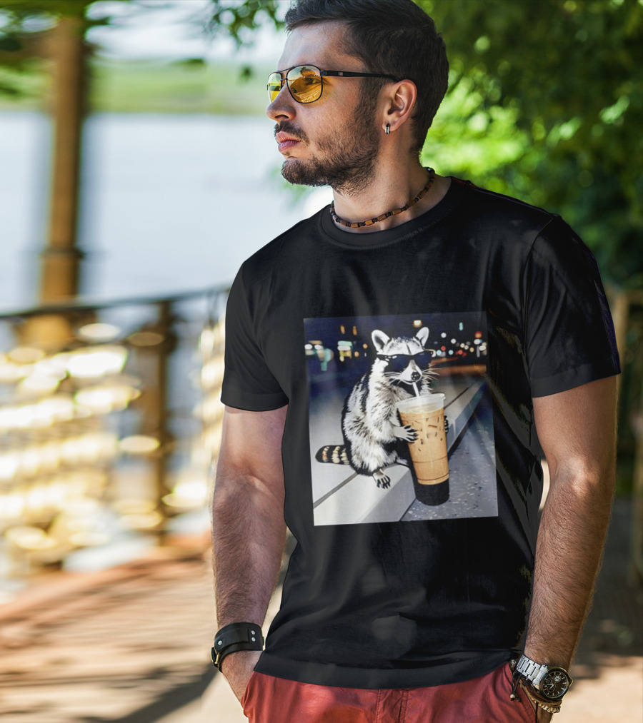 Raccoon Wearing Sunglasses Enjoying Iced Coffee Night Scene T-Shirt