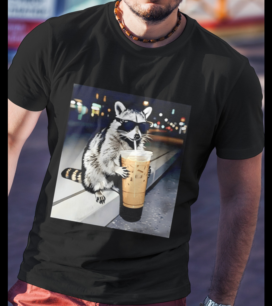 Raccoon Wearing Sunglasses Enjoying Iced Coffee Night Scene T-Shirt
