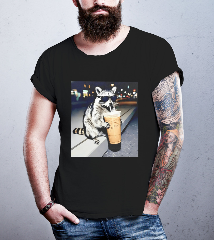 Raccoon Wearing Sunglasses Enjoying Iced Coffee Night Scene T-Shirt
