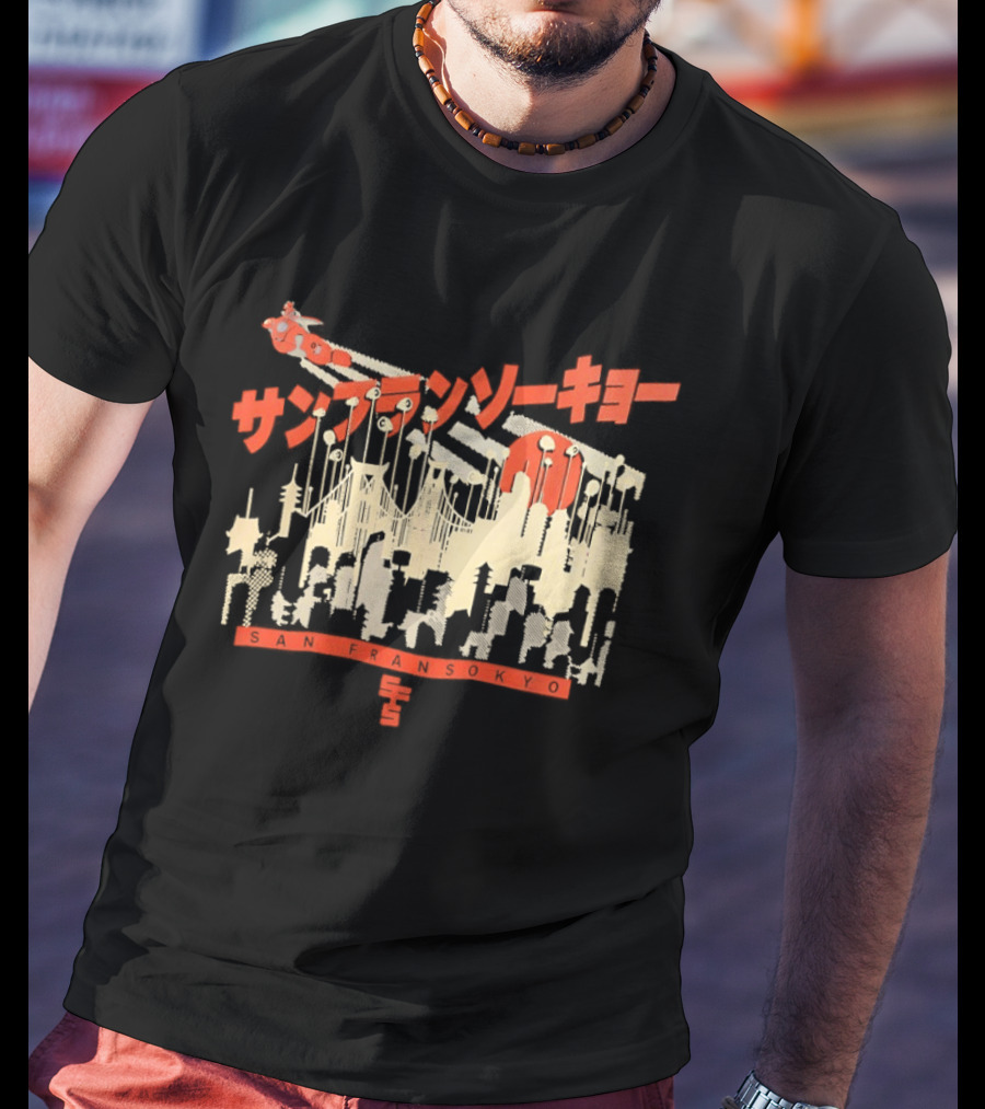 Sanfrasokyo Cityscape Fusion With Japanese Text And Baymax Figure T-Shirt