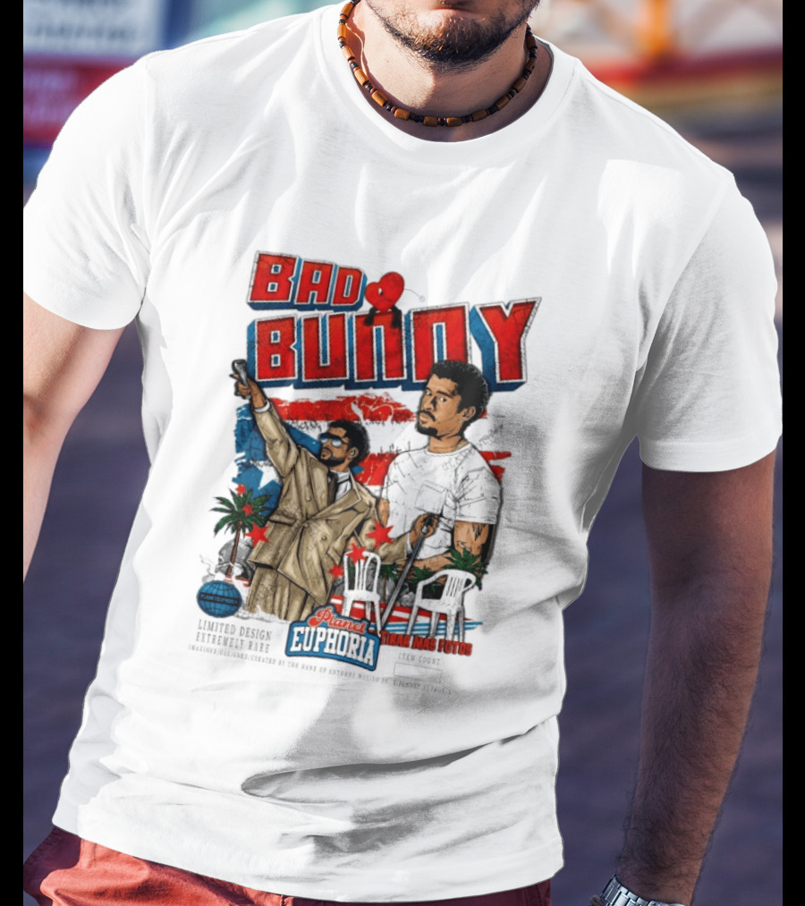 Bad Bunny Tirar Mas Fotos Planet Euphoria Palm Trees Chairs Red White Blue T-Shirt