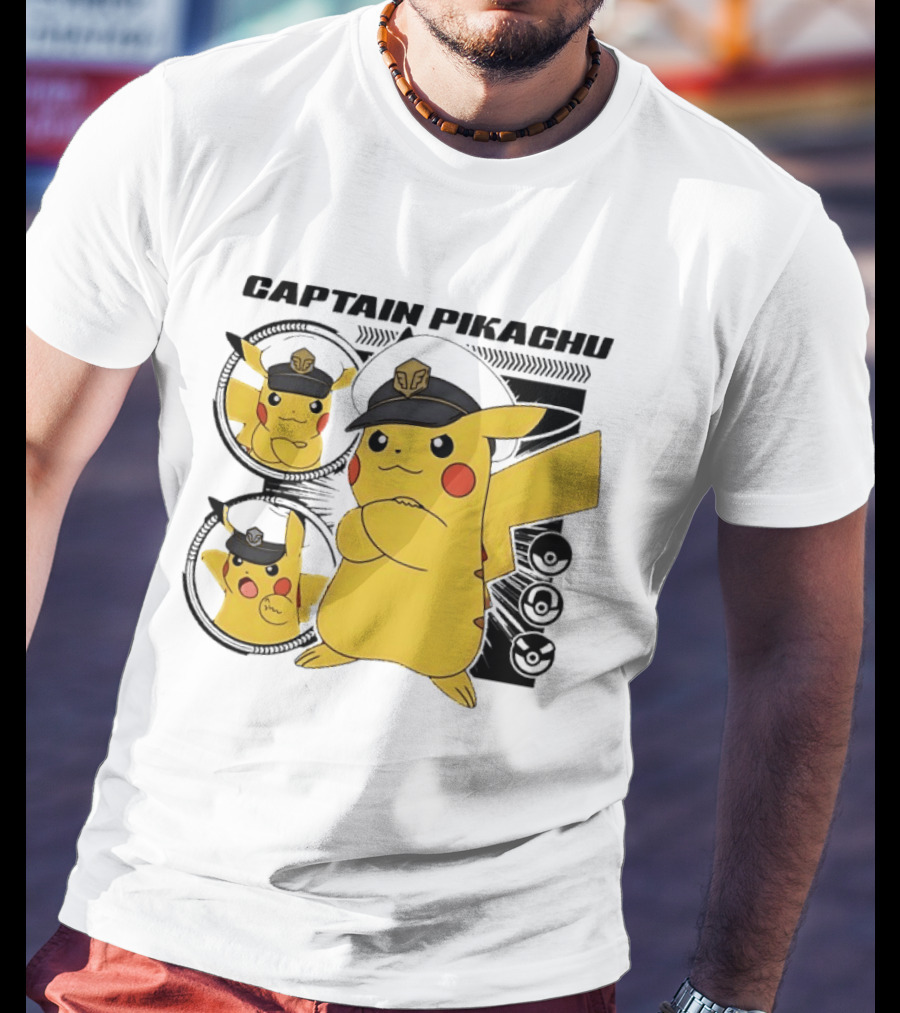 Captain Pikachu Cartoon Character With Hat And Expressions T-Shirt