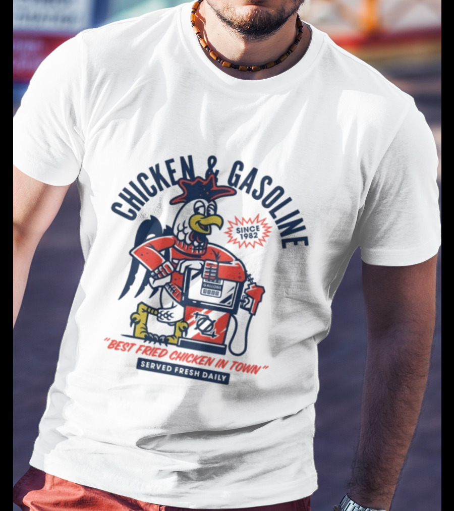 Chicken And Gasoline Best Fried Chicken In Town Since 1982 Retro Style Cartoon Rooster Pumping Gas T-Shirt