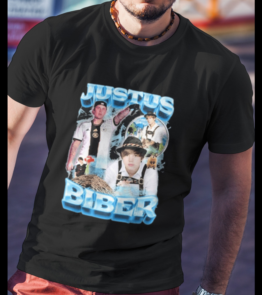 Justus Biber Justin Bieber Bavarian Inspired Collage Football Lederhosen T-Shirt