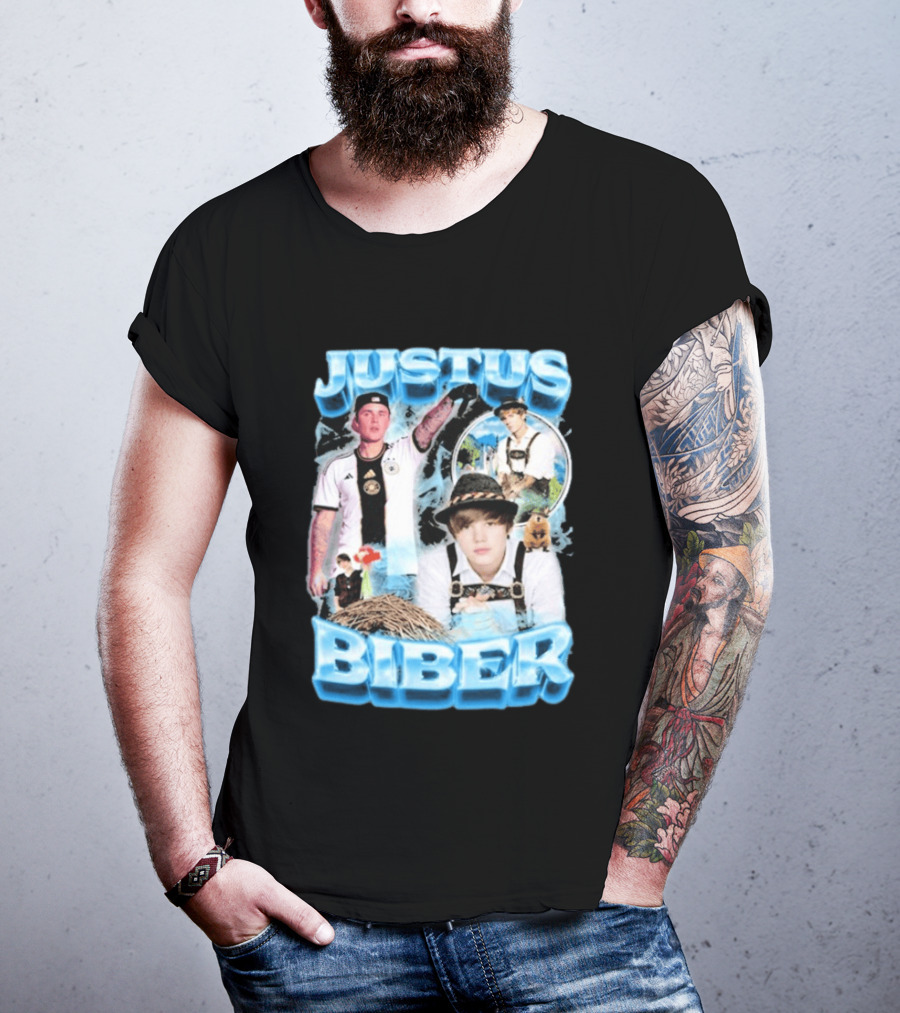 Justus Biber Justin Bieber Bavarian Inspired Collage Football Lederhosen T-Shirt