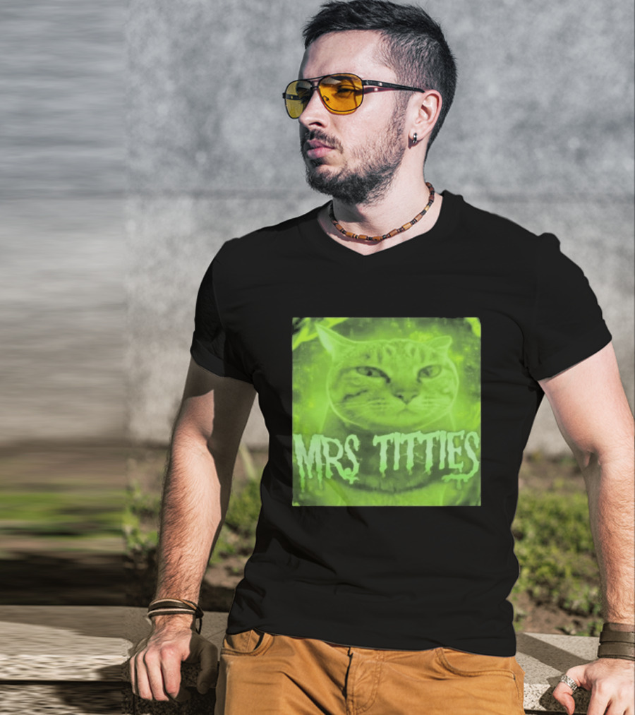 Mrs Titties Cat Glowing Neon Green Feline T-Shirt