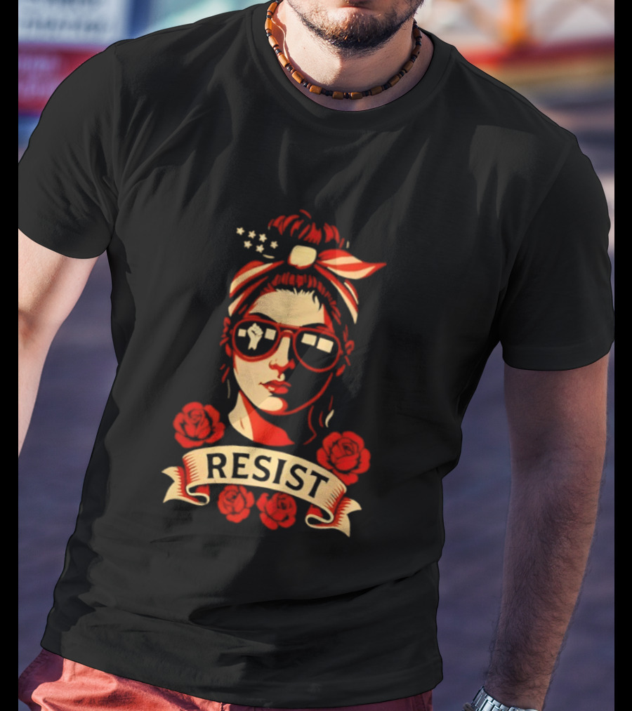 Patriotic Woman Resist American Flag Bandana And Glasses With Roses T-Shirt