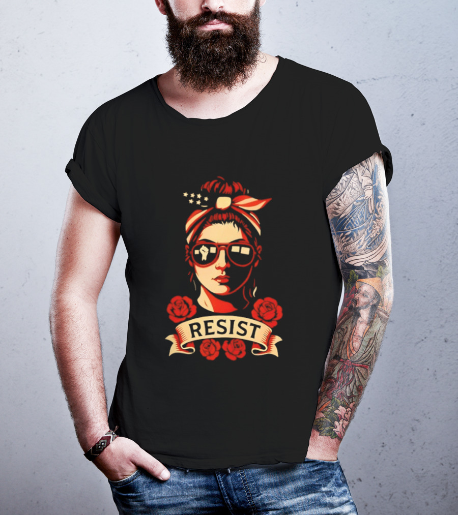 Patriotic Woman Resist American Flag Bandana And Glasses With Roses T-Shirt