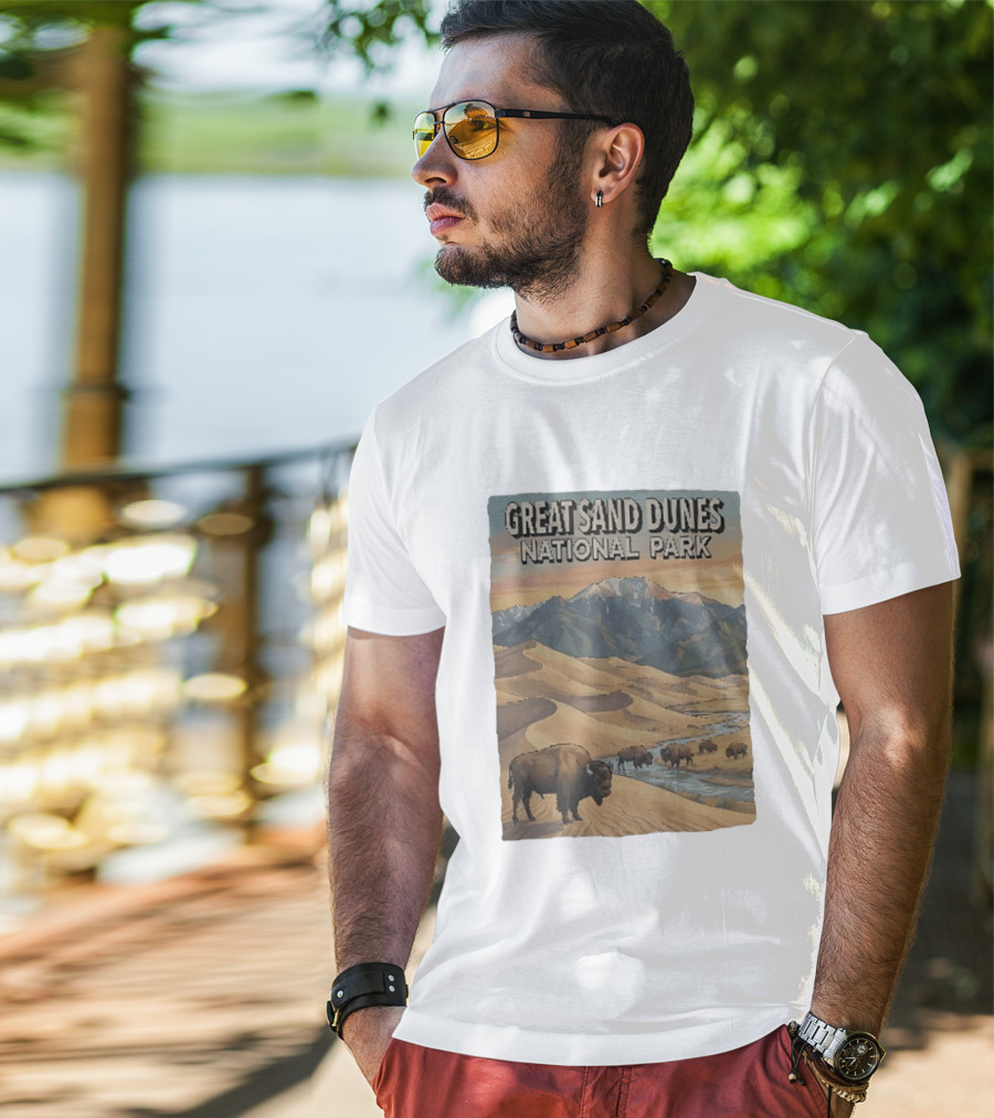 Great Sand Dunes National Park With Buffalo And Mountains Scene T-Shirt