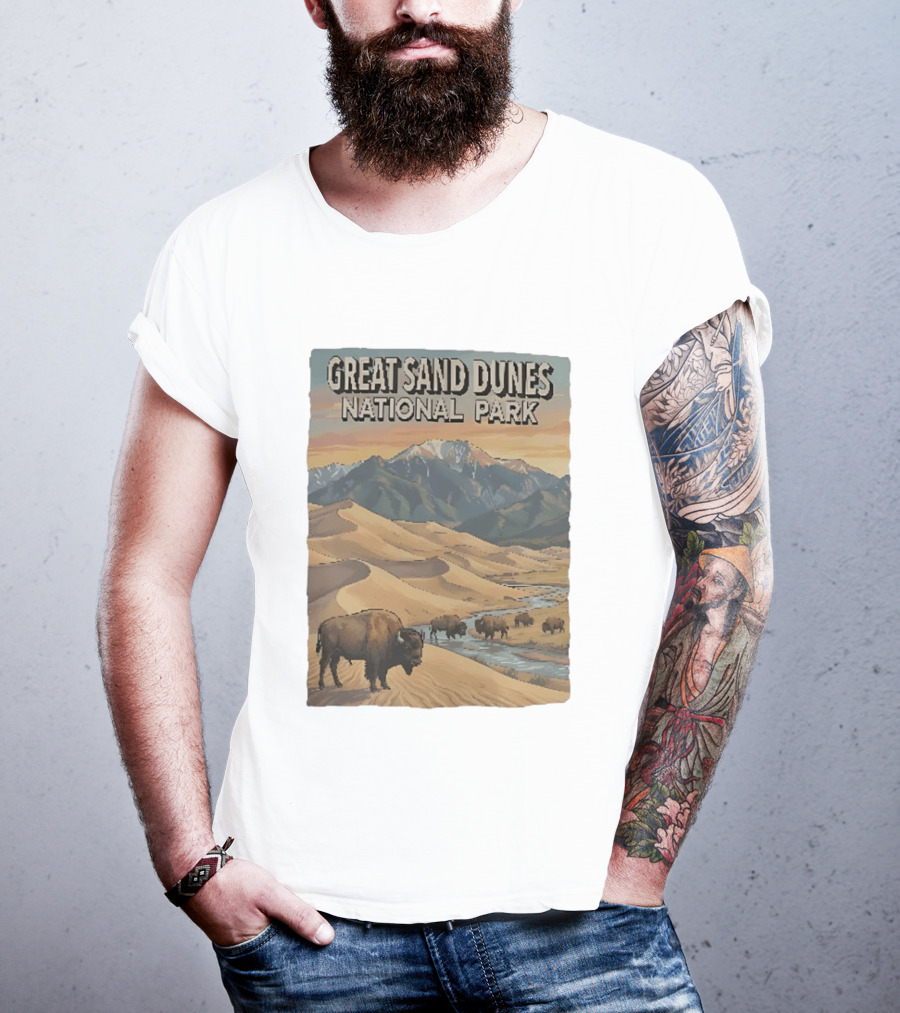 Great Sand Dunes National Park With Buffalo And Mountains Scene T-Shirt