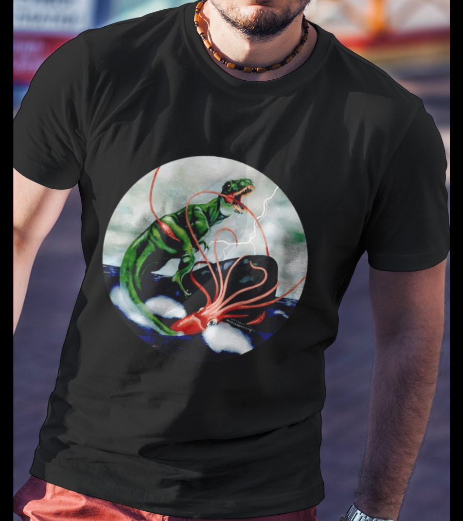 Dinosaur And Giant Squid Battle On Stormy Sea T-Shirt