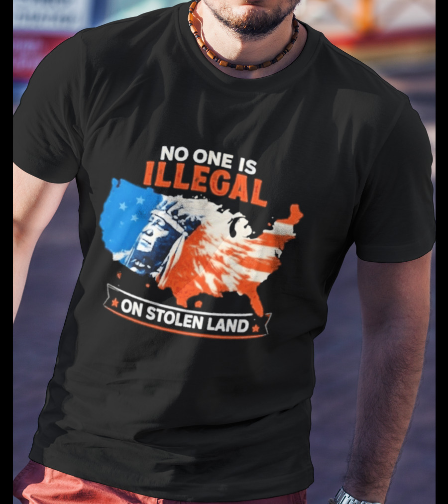 No One Is Illegal On Stolen Land USA Map Native American Headdress T-Shirt