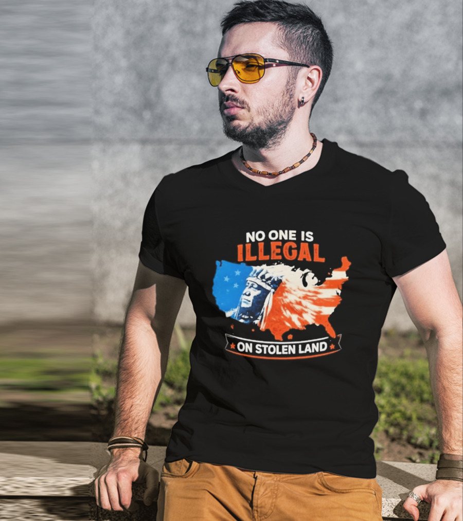 No One Is Illegal On Stolen Land USA Map Native American Headdress T-Shirt