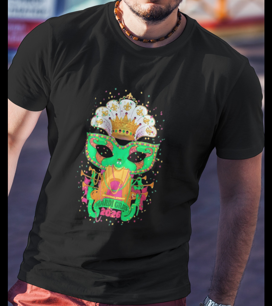 Universal Studios Mardi Gras 2026 Festive Mask And Crown Celebration T-Shirt