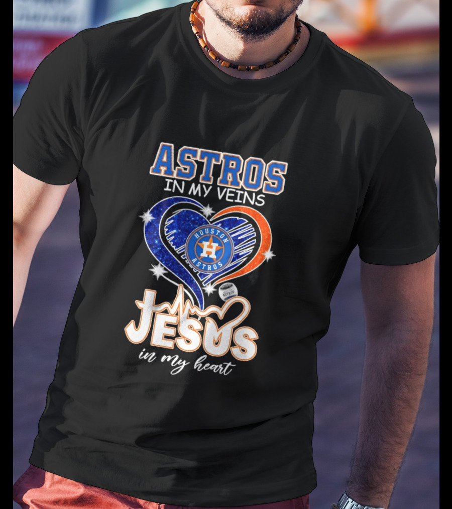 Houston Astros In My Veins Jesus In My Heart Heartbeat Diamond Shape T-Shirt