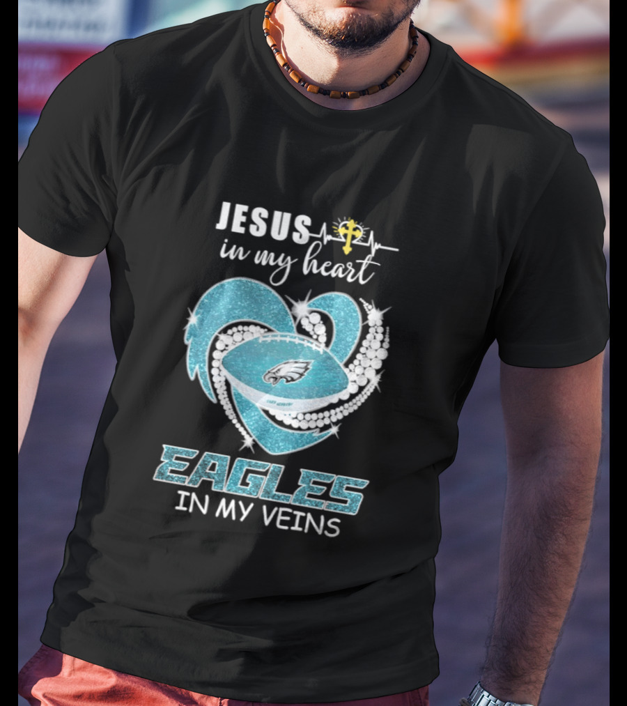 Jesus In My Heart Eagles In My Veins Diamond Heart Shape Football T-Shirt