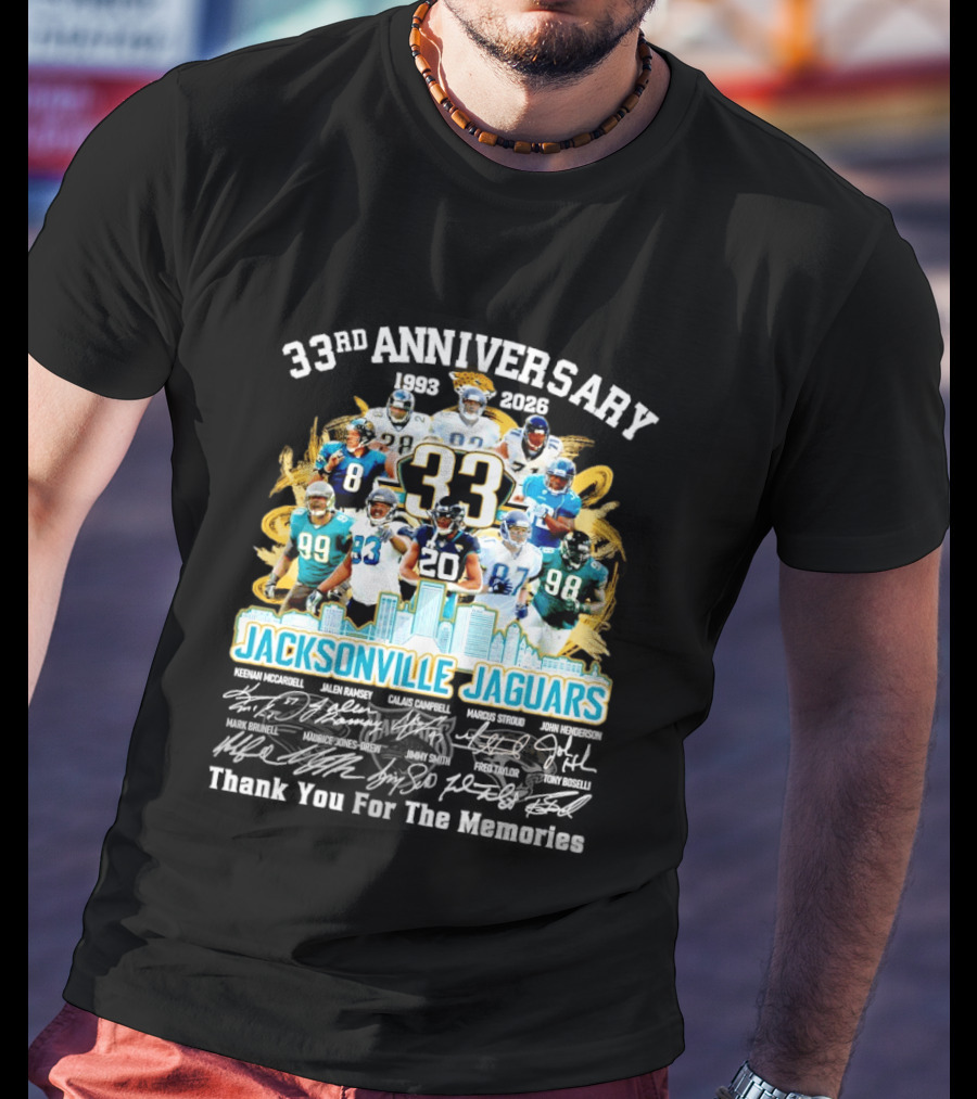 Jacksonville Jaguars 33rd Anniversary Players Collage City Skyline T-Shirt