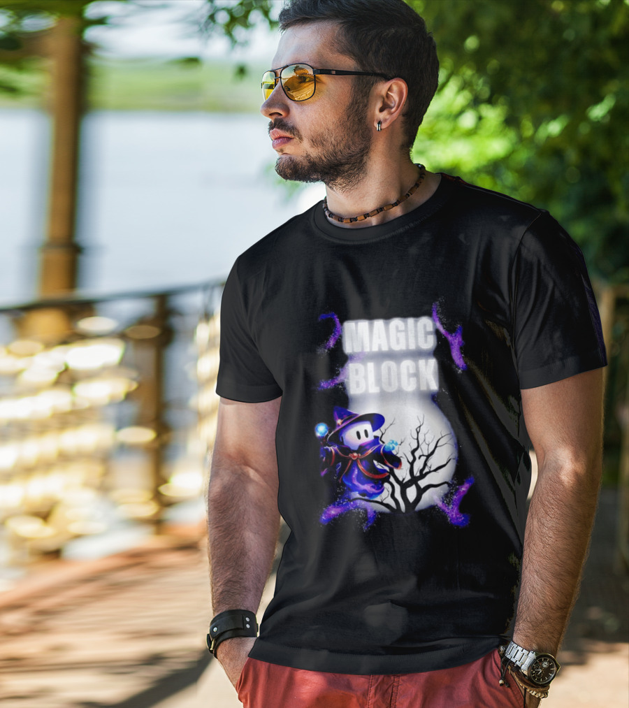 Magic Block Wizard With Glowing Orbs And Mystical Tree T-Shirt