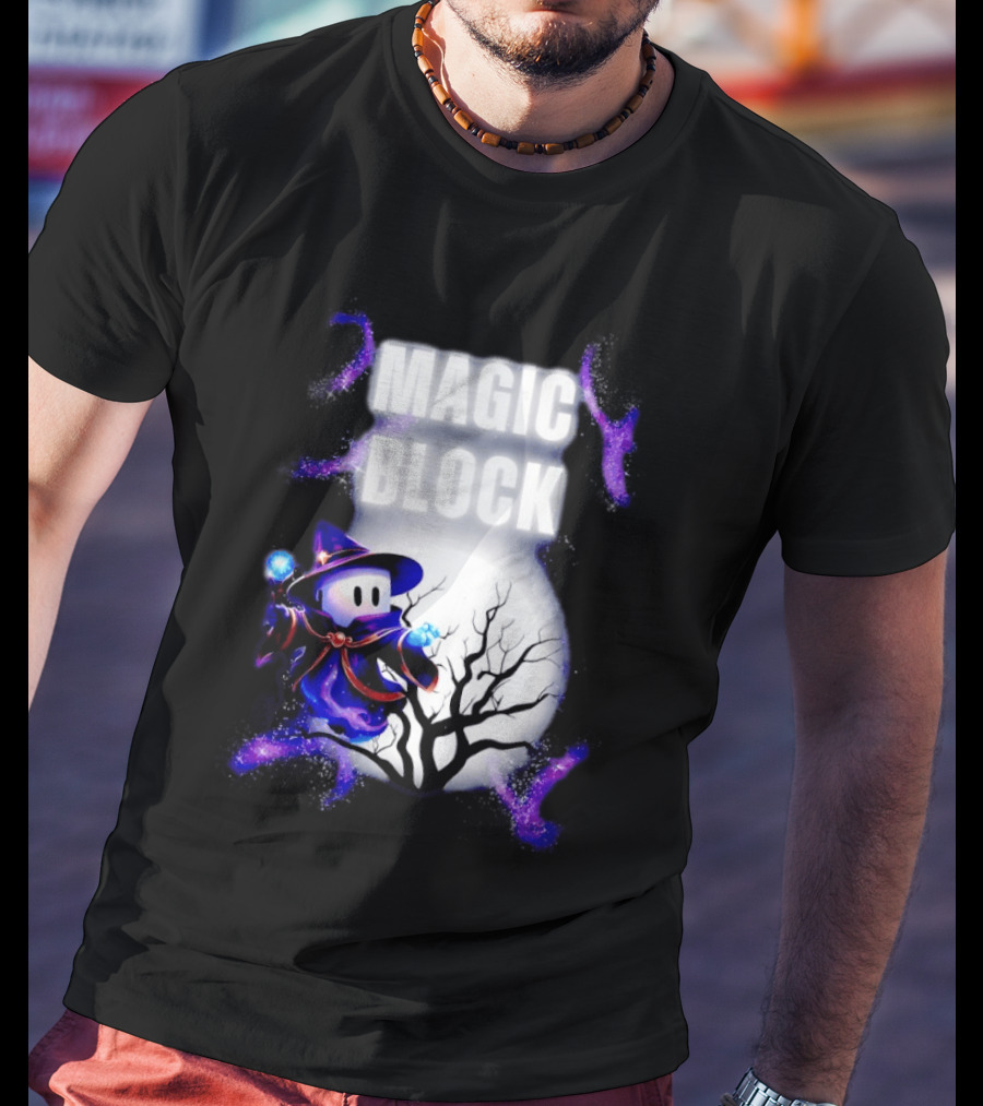 Magic Block Wizard With Glowing Orbs And Mystical Tree T-Shirt