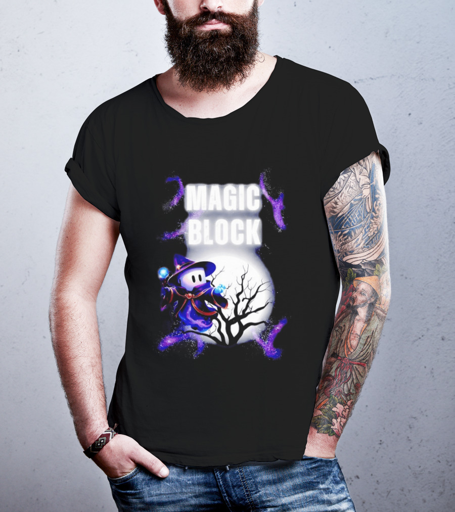 Magic Block Wizard With Glowing Orbs And Mystical Tree T-Shirt