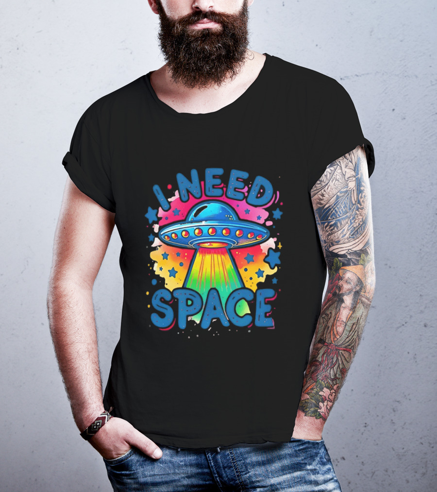 UFO I Need Space Colorful Alien Spaceship Retro Stars T-Shirt