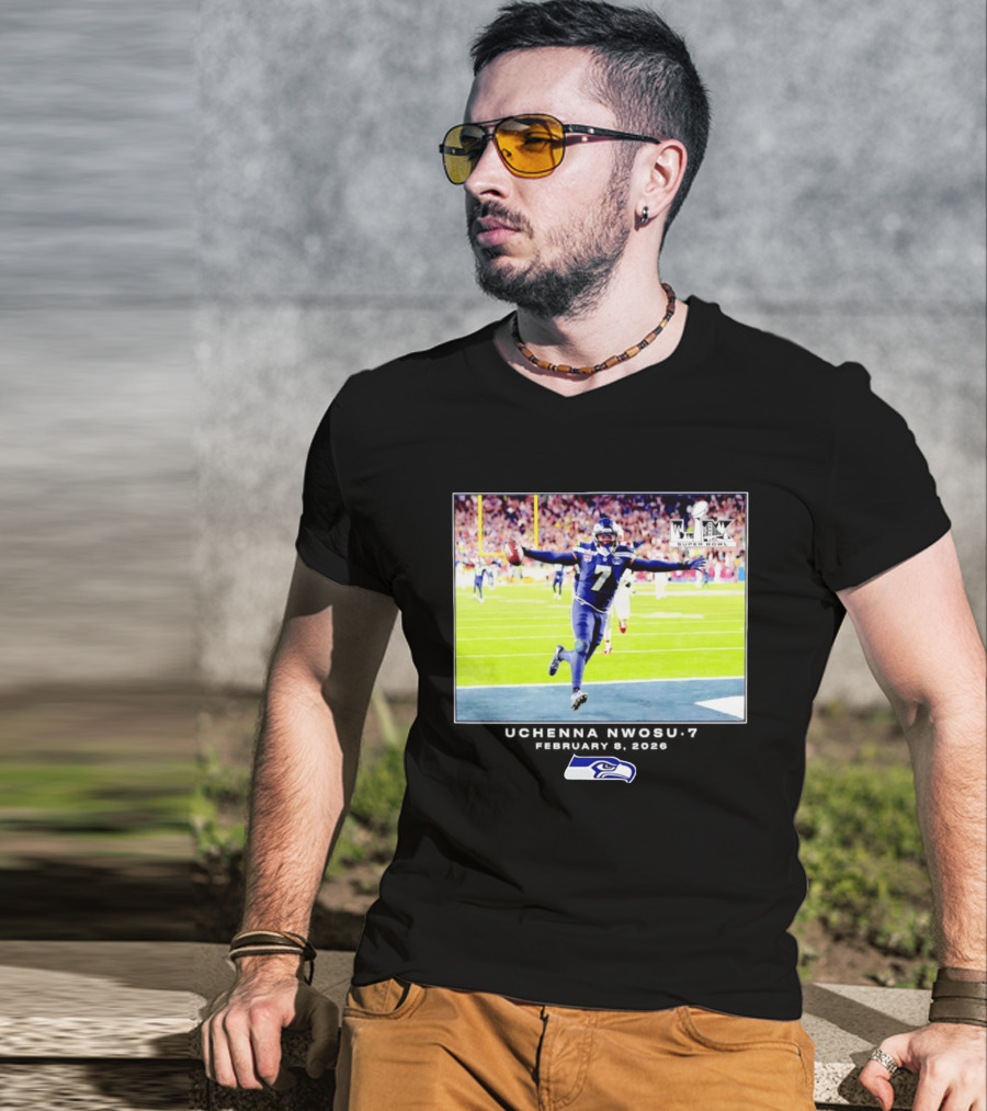 Uchenna Nwosu Seattle Seahawks Super Bowl Celebration Photo 2026 T-Shirt