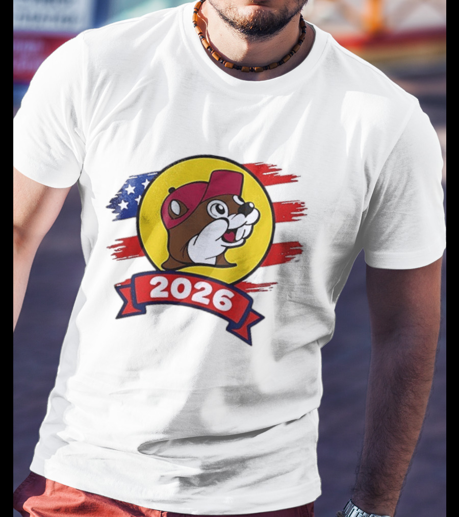 Buc Ee's 2026 Celebration With Iconic Beaver Emblem And American Flag T-Shirt
