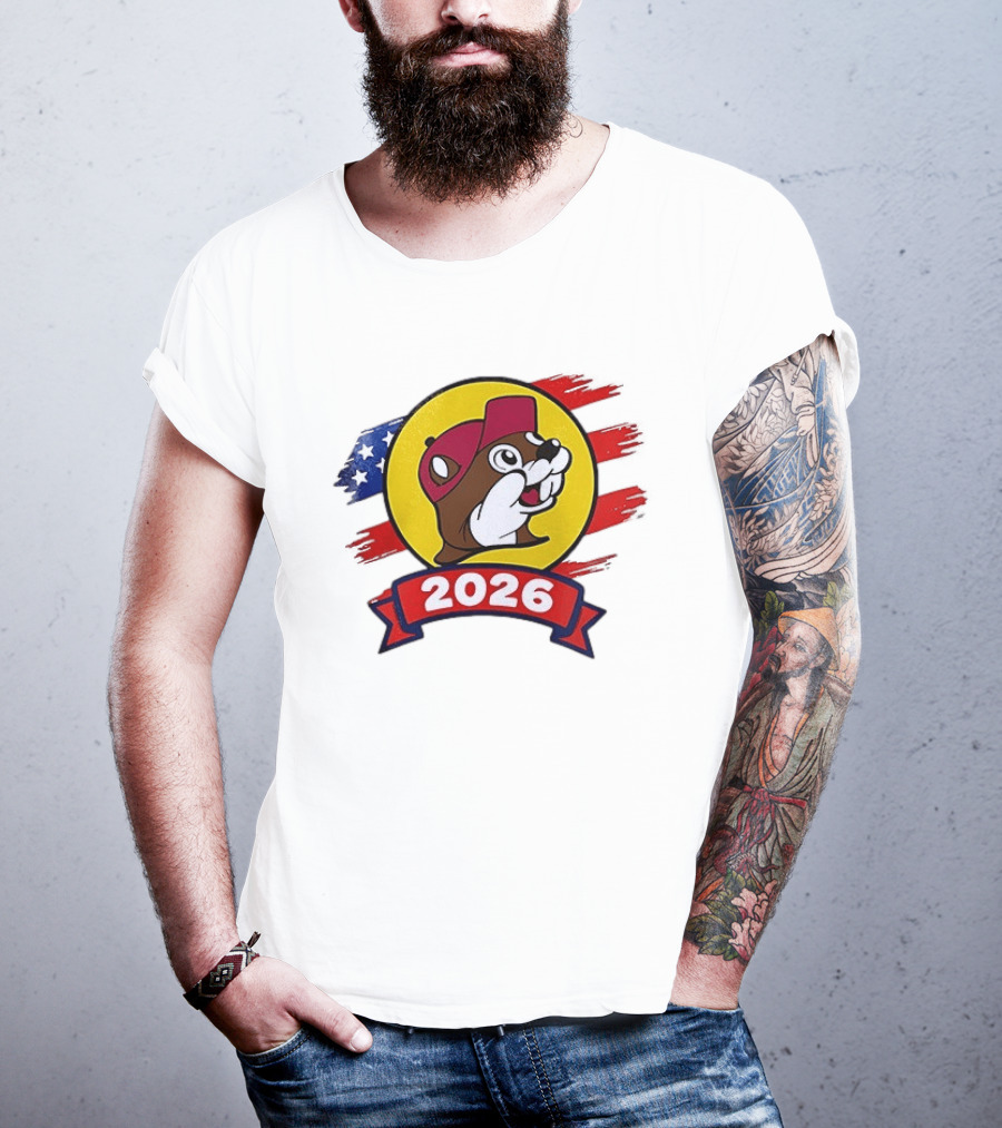 Buc Ee's 2026 Celebration With Iconic Beaver Emblem And American Flag T-Shirt