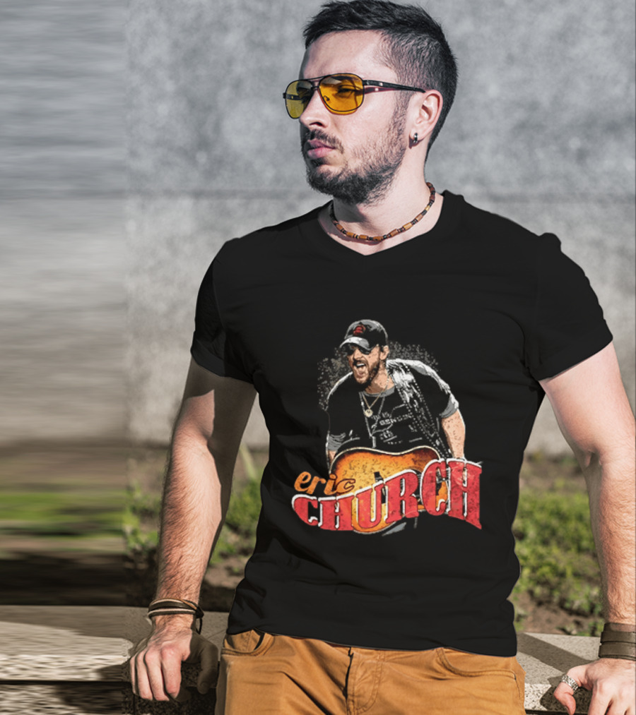 Eric Church Country Rock Music Icon With Guitar And Hat T-Shirt