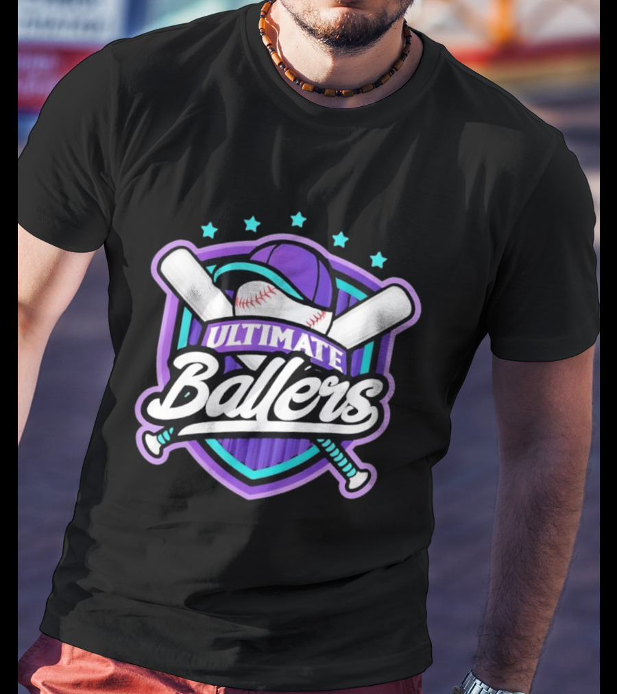 Ultimate Ballers Baseball Purple Cap Bats Retro Five Stars T-Shirt