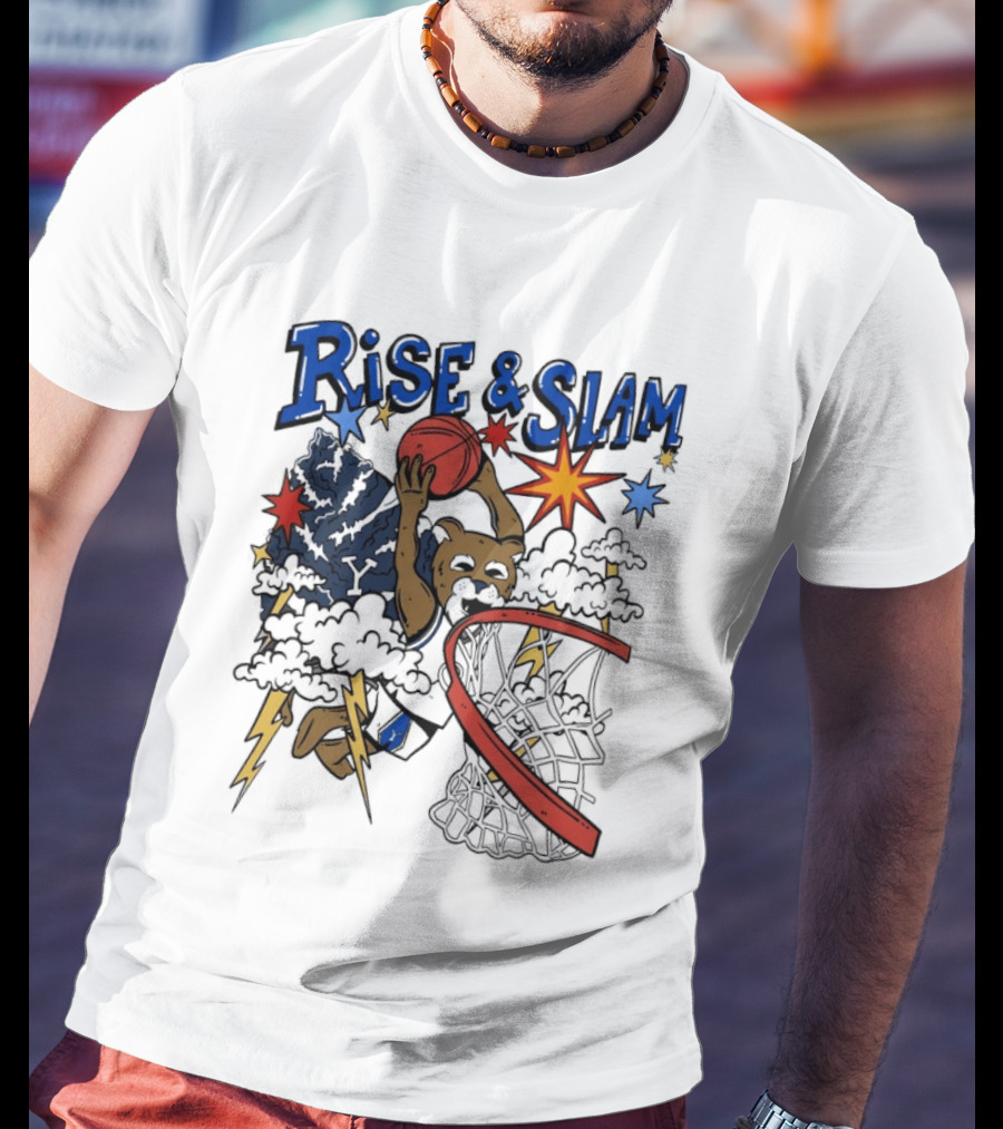 BYU Basketball Rise And Slam Flyin' Hoops Bear Dunking With Stars And Lightning T-Shirt