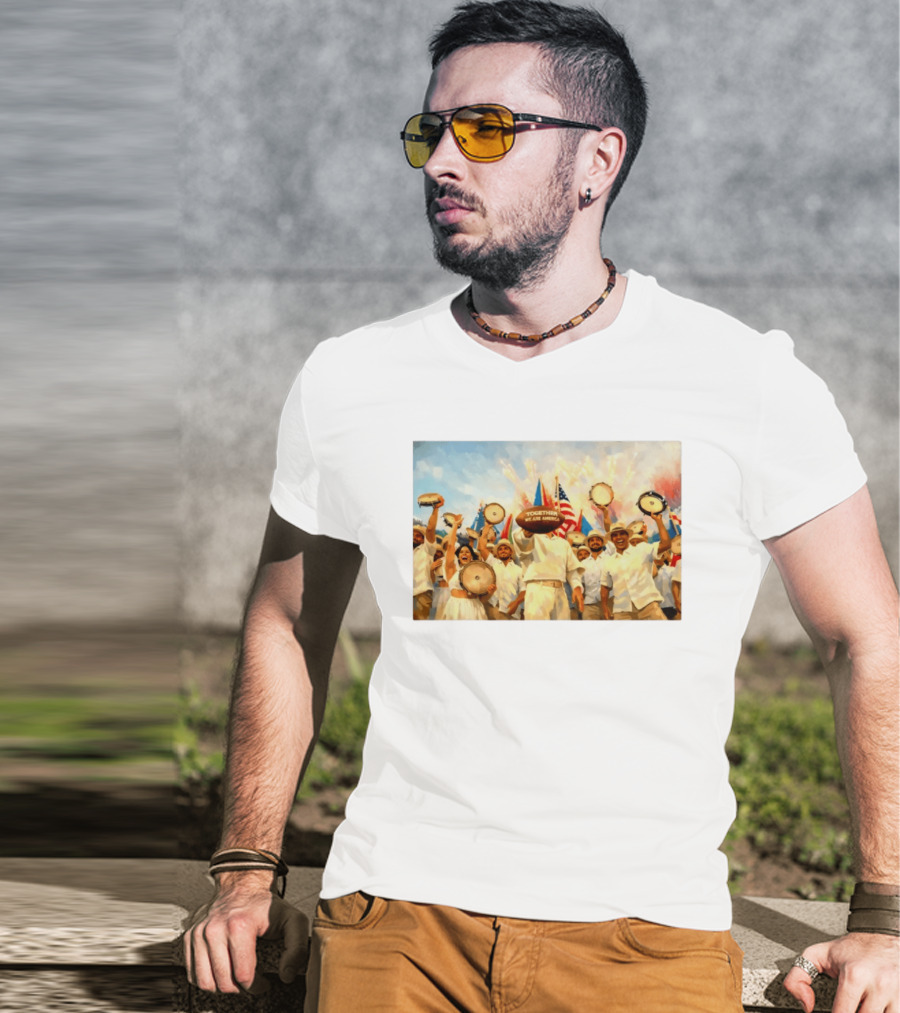 Together We Are America Tambourine Celebration With Flags And Diverse Group Unity T-Shirt
