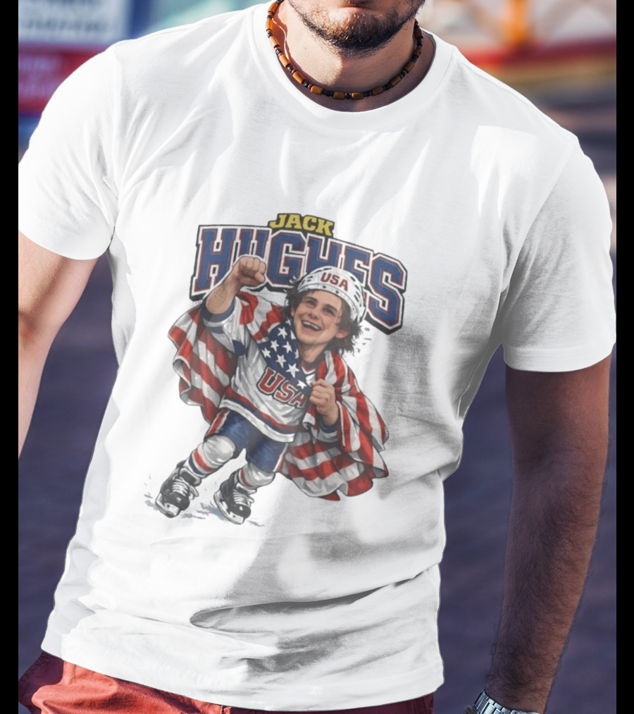 Jack Hughes USA Hockey Caricature American Flag T-Shirt