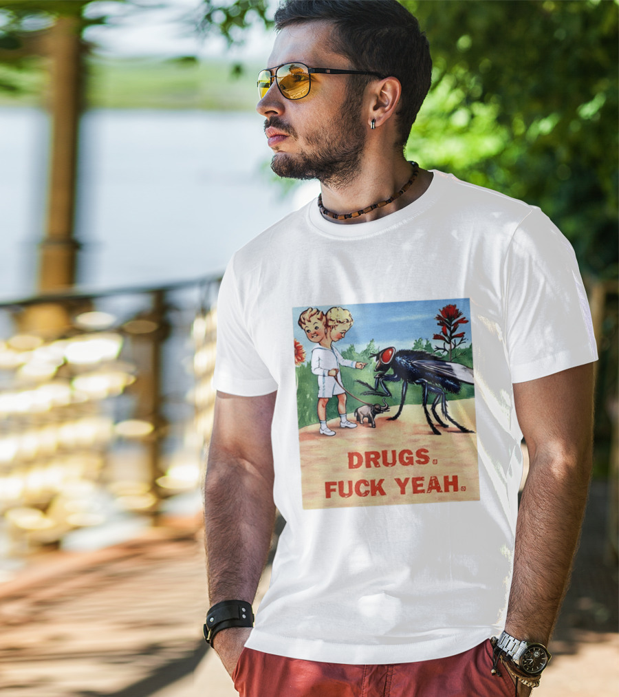 DRUGS FUCK YEAH Retro Cartoon Big Fly Tiny Elephant T-Shirt