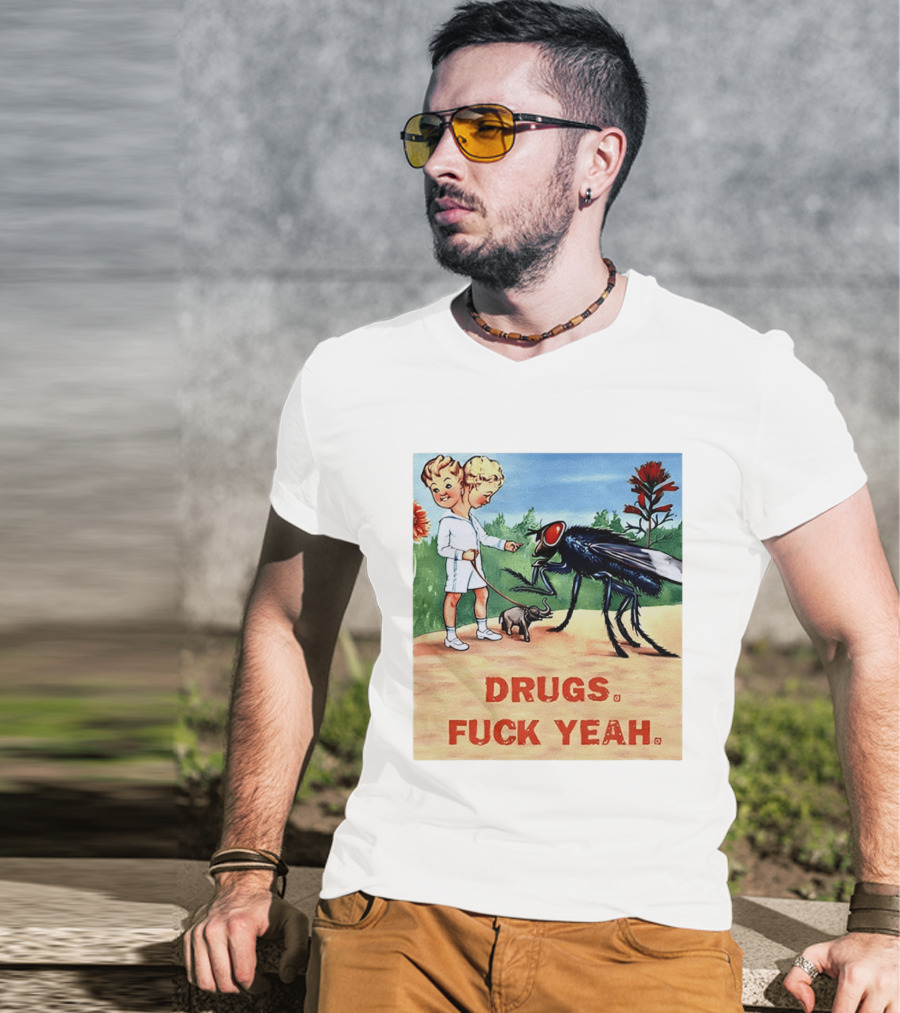 DRUGS FUCK YEAH Retro Cartoon Big Fly Tiny Elephant T-Shirt