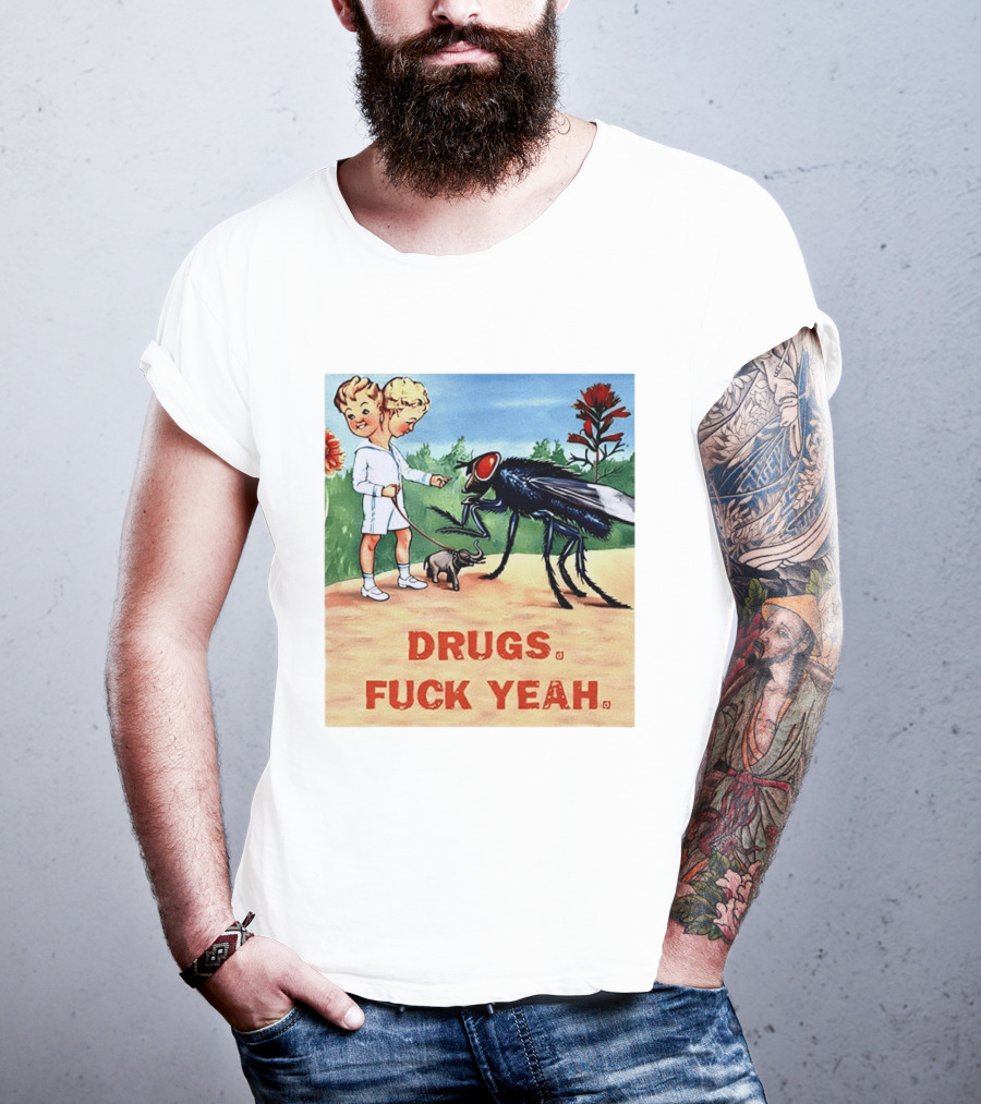 DRUGS FUCK YEAH Retro Cartoon Big Fly Tiny Elephant T-Shirt