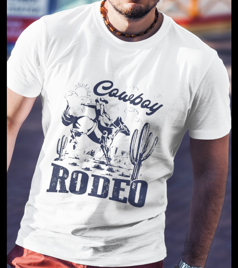 Rodeo Cowboy Horse Riding In Desert Scenery T-Shirt