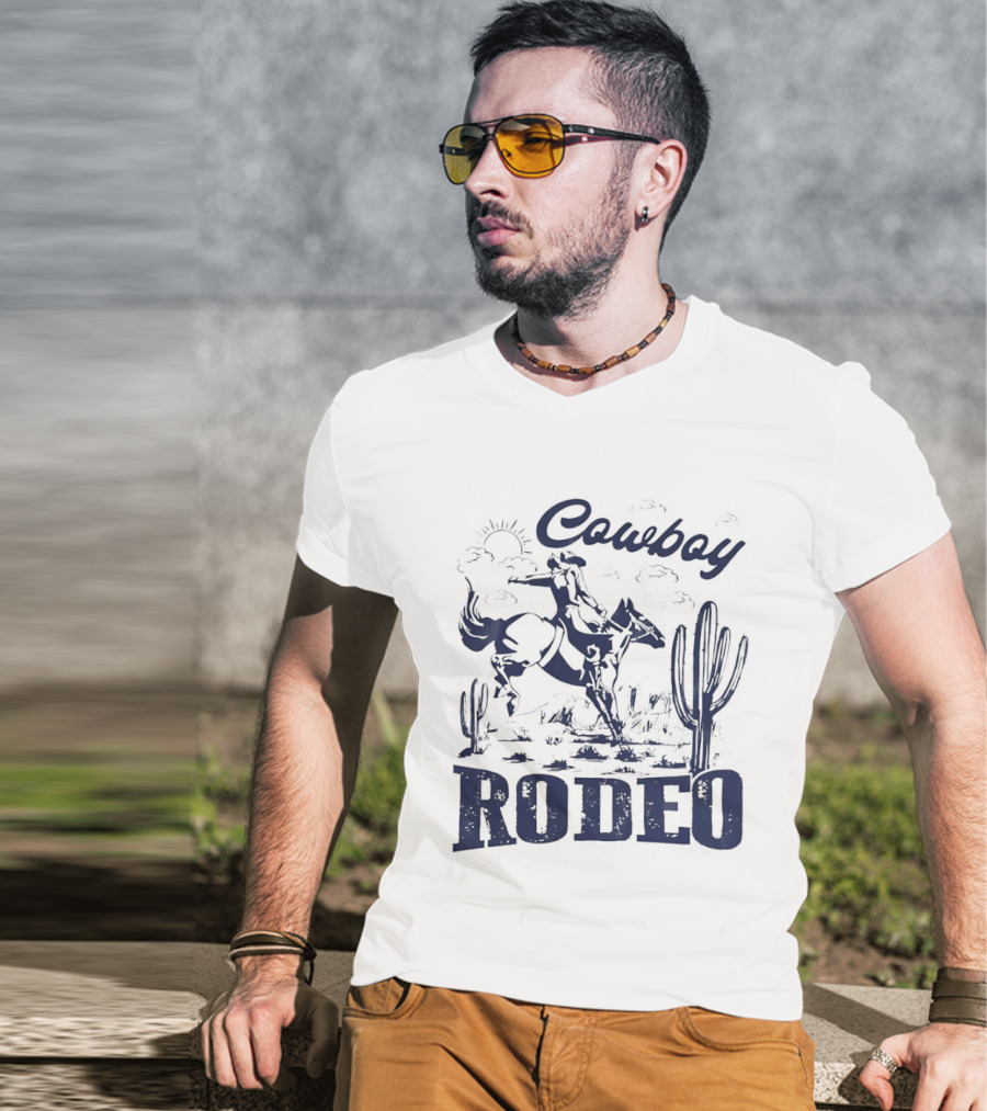 Rodeo Cowboy Horse Riding In Desert Scenery T-Shirt