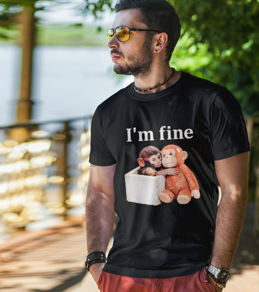 Sad Monkey Hugging Orange Toy With I'm Fine T-Shirt