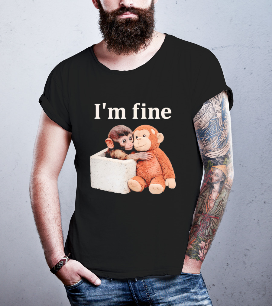 Sad Monkey Hugging Orange Toy With I'm Fine T-Shirt