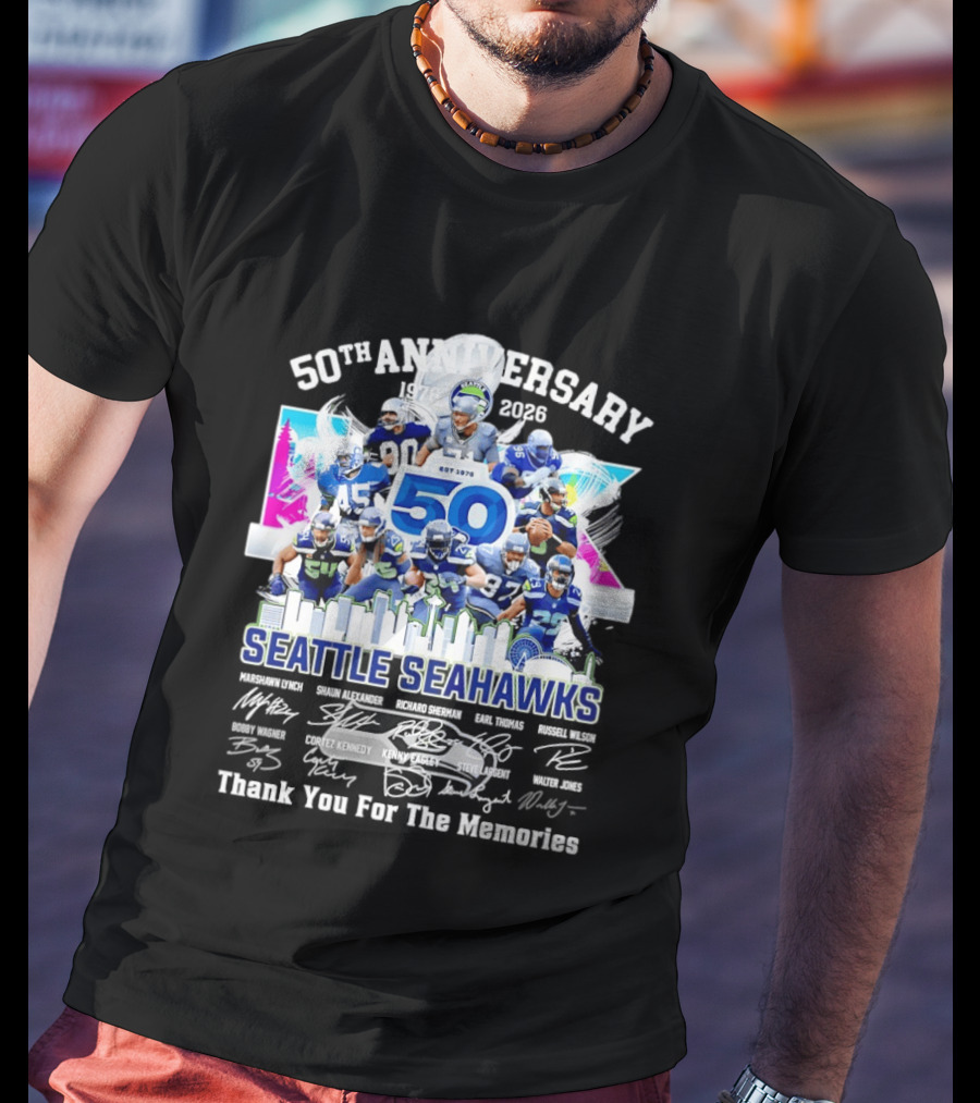 Seattle Seahawks 50th Anniversary Est 1976 Players City Skyline T-Shirt