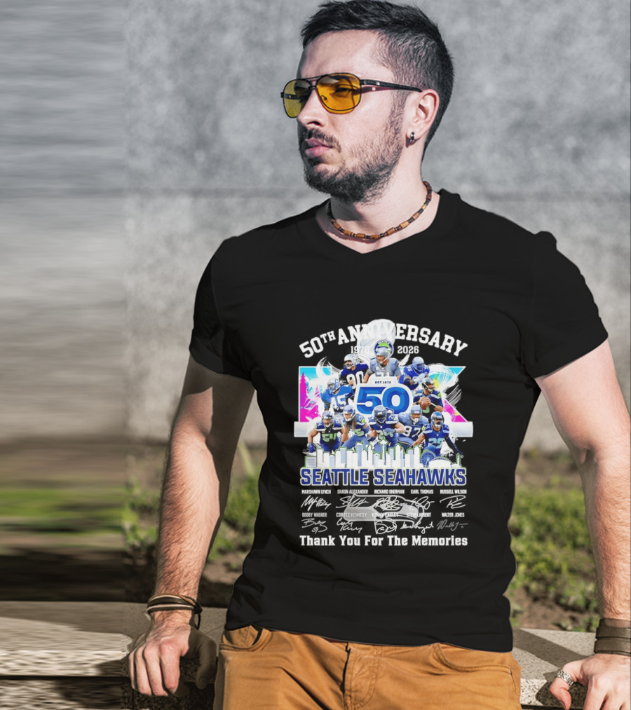 Seattle Seahawks 50th Anniversary Est 1976 Players City Skyline T-Shirt