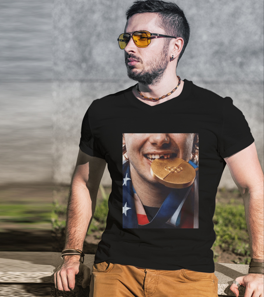 Jack Hughes Olympic Triumph 2026 USA Hockey Shattered Smile Golden Medal T-Shirt