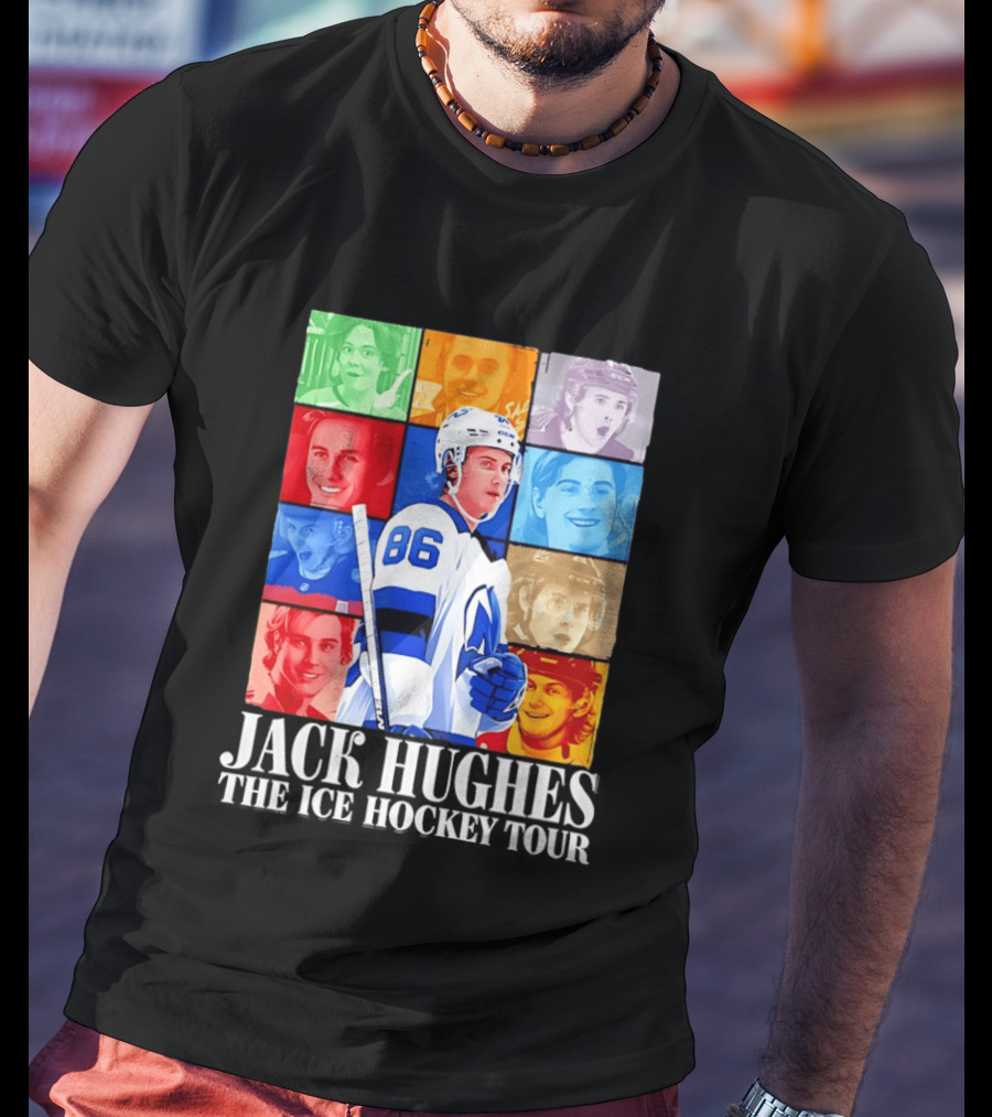 Jack Hughes 86 The Ice Hockey Tour Colorful Portrait Compilation T-Shirt