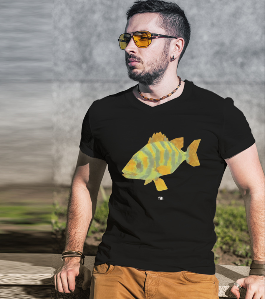 Low Poly Fish Yellow Green Striped Pixels T-Shirt